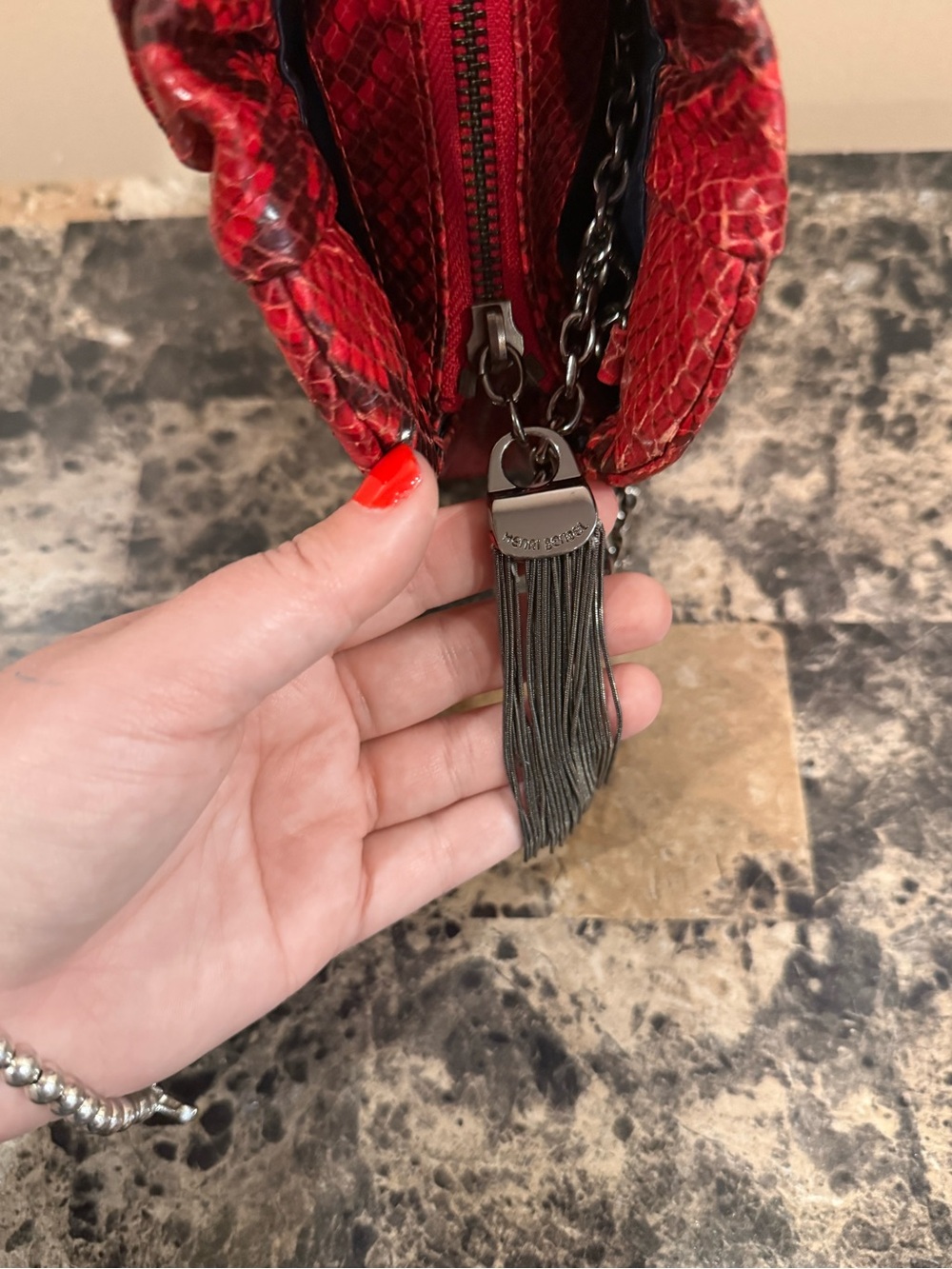 Henri Bendel Red Snakeskin Print Shoulder Bag/Clutch - Gunmetal Hardware - Picture 8 of 15